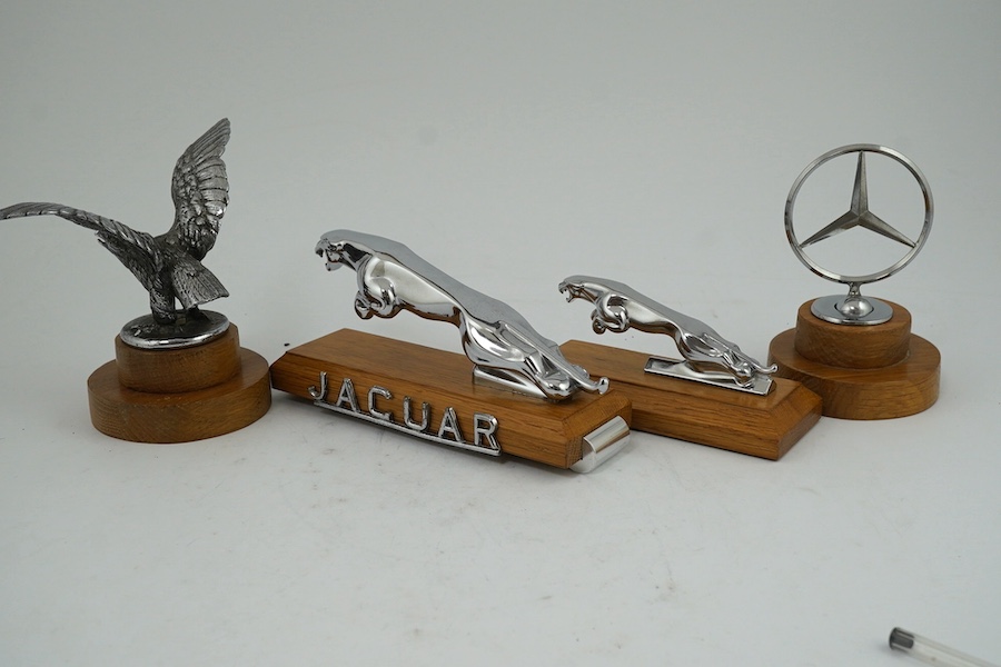 Four car mascots including; a 1920s Alvis eagle mascot designed by Charles Paillet, a Mercedes-Benz mascot, and two Jaguar mascots of different sizes, all mounted on oak bases. Condition - fair to good